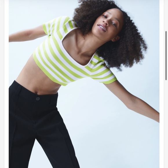 NWT Zara SMALL cropped square-neck green white stripes sweater - Picture 2 of 8